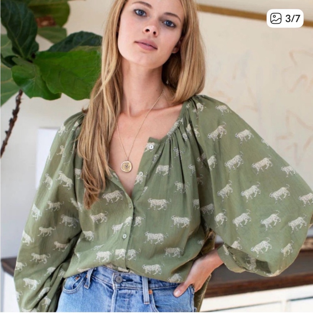 Emerson Fry Organic Cotton Olive Green Cheetah block print buttonup. Large.